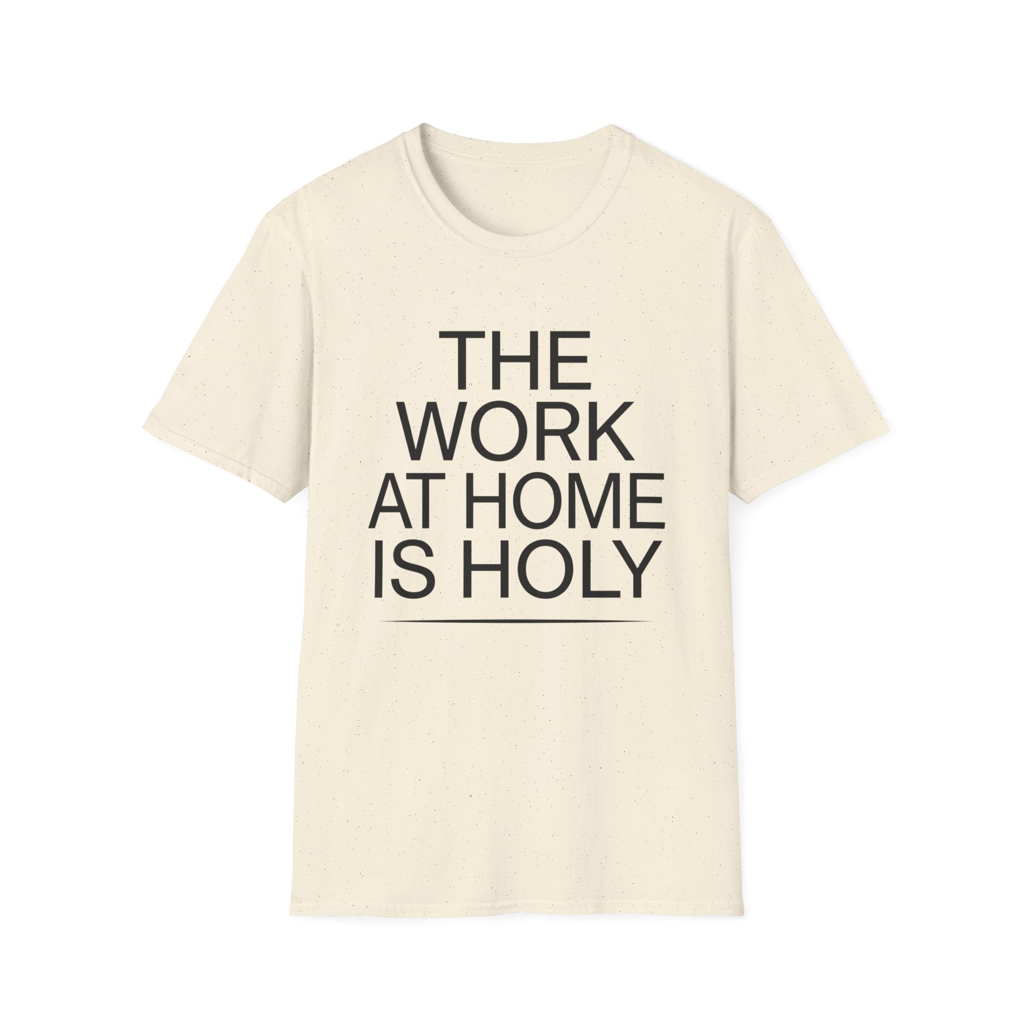 Work At Home Is Holy homeschool mom graphic t-shirt with a gathered-at-home inspired graphic with books, florals, and cozy family learning details