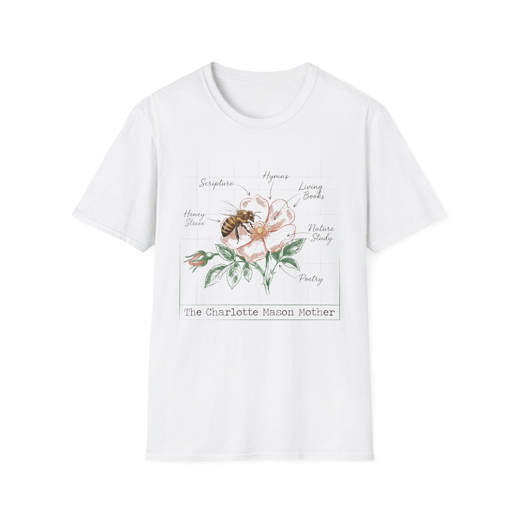 Mason Mother homeschool mom graphic t-shirt with a Charlotte Mason-inspired design with books, nature details, and vintage homeschool charm