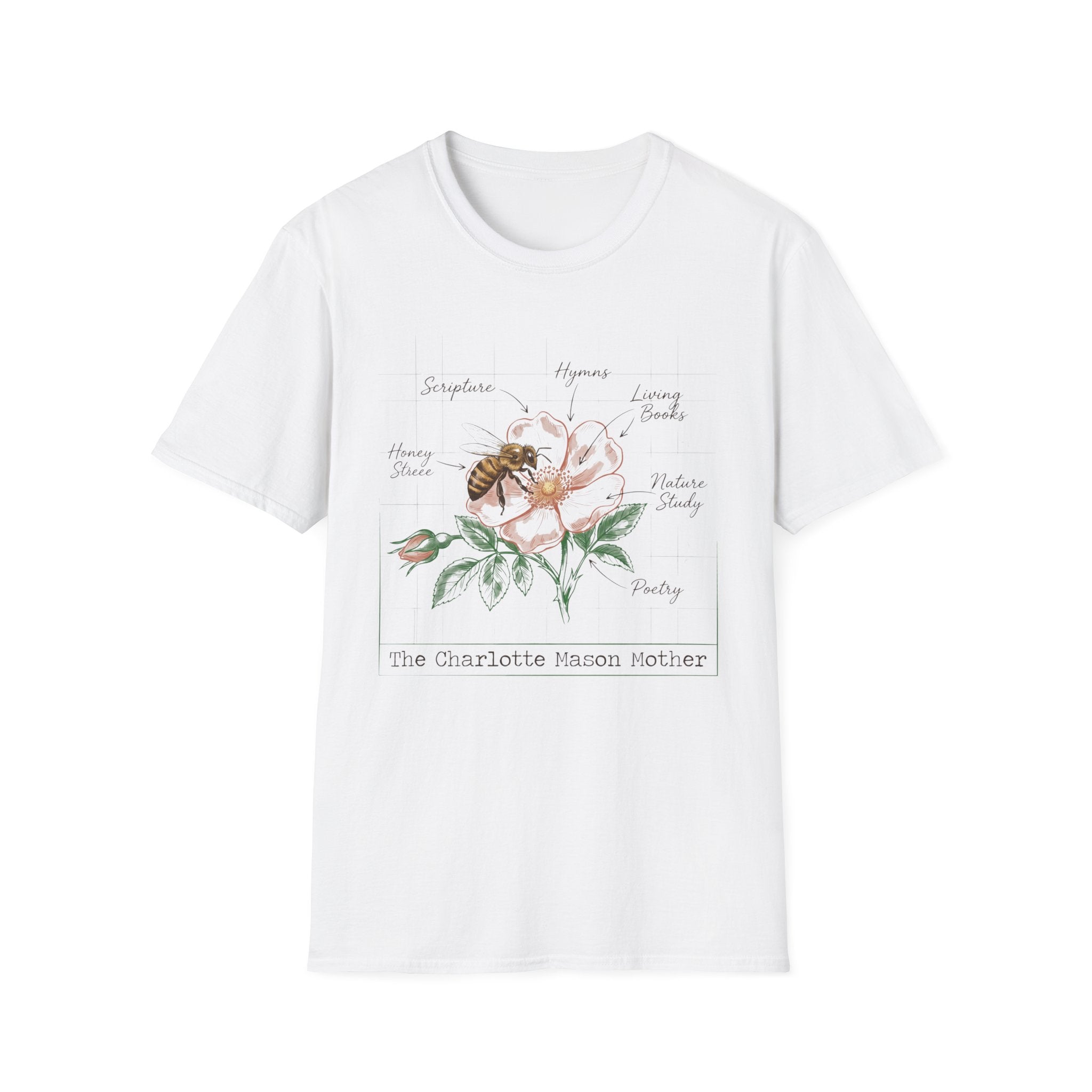 Mason Mother homeschool mom graphic t-shirt with a Charlotte Mason-inspired design with books, nature details, and vintage homeschool charm