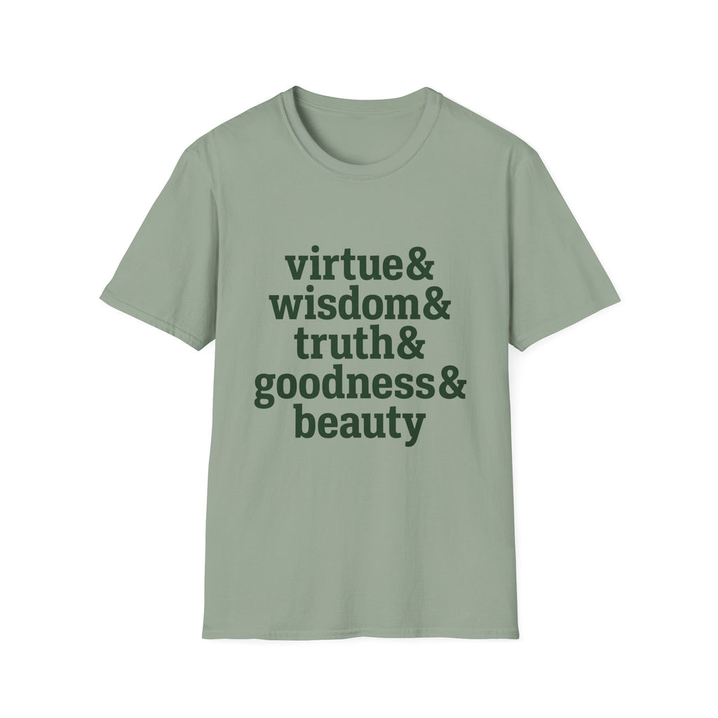 Virtue & Wisdom Check List homeschool mom graphic t-shirt with a playful checklist-style homeschool graphic with bookish and nature-inspired details
