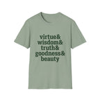 Virtue & Wisdom Check List homeschool mom graphic t-shirt with a playful checklist-style homeschool graphic with bookish and nature-inspired details