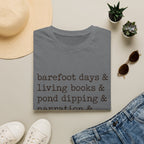 Barefoot Days Check List homeschool mom graphic t-shirt with a playful checklist-style homeschool graphic with bookish and nature-inspired details