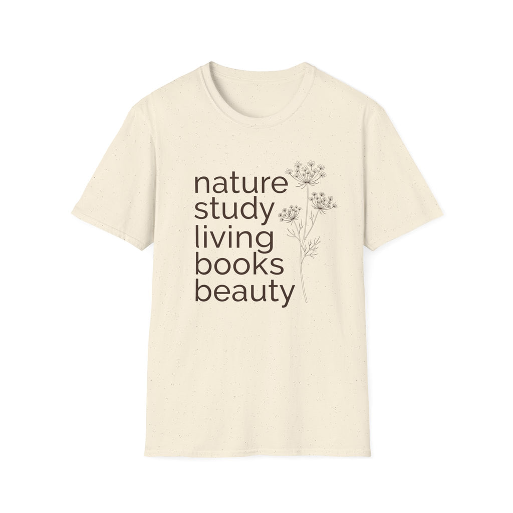 Nature Study, Living Books, Beauty homeschool mom graphic t-shirt with a faith-filled homeschool design with gentle lettering and classic illustrative details