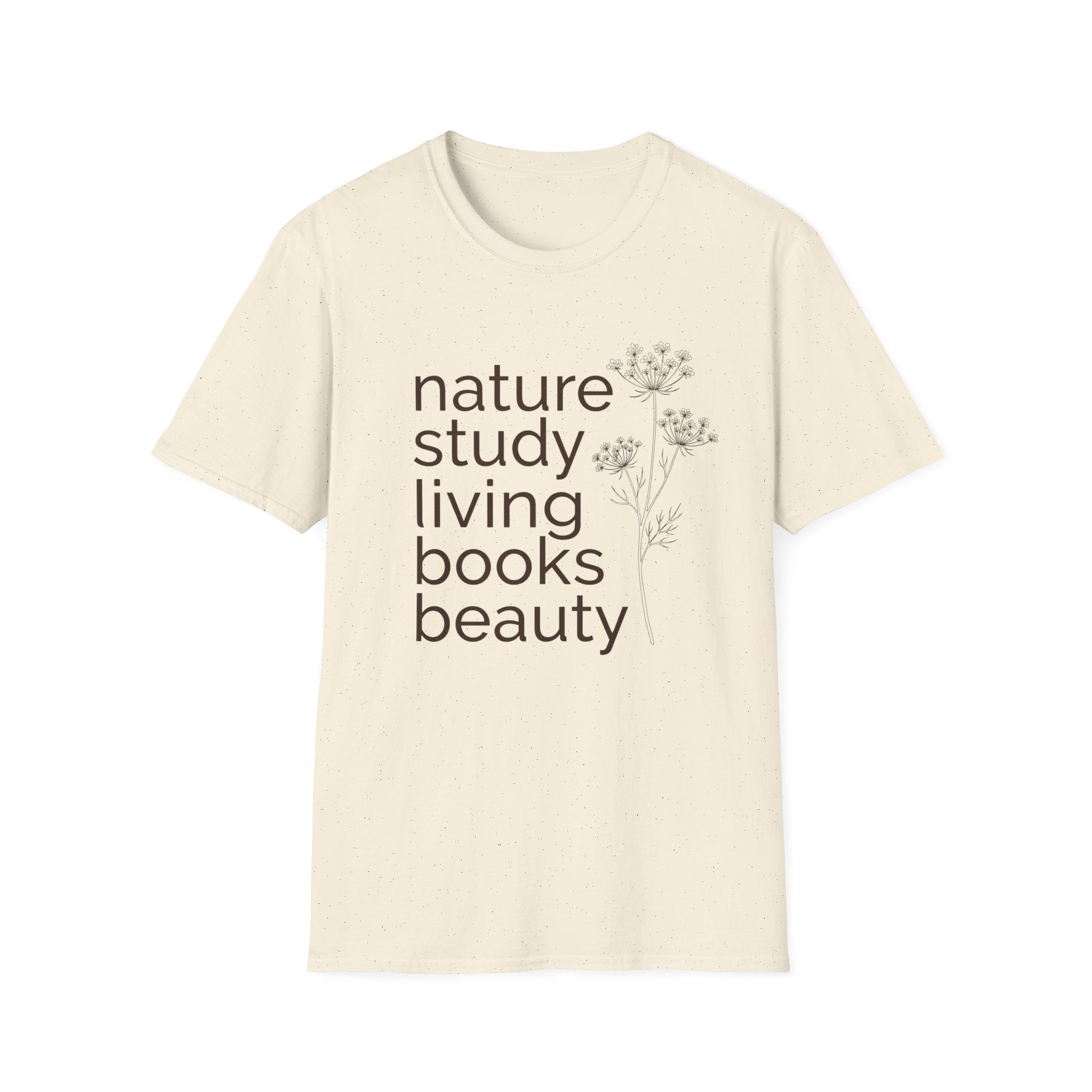 Nature Study, Living Books, Beauty homeschool mom graphic t-shirt with a faith-filled homeschool design with gentle lettering and classic illustrative details