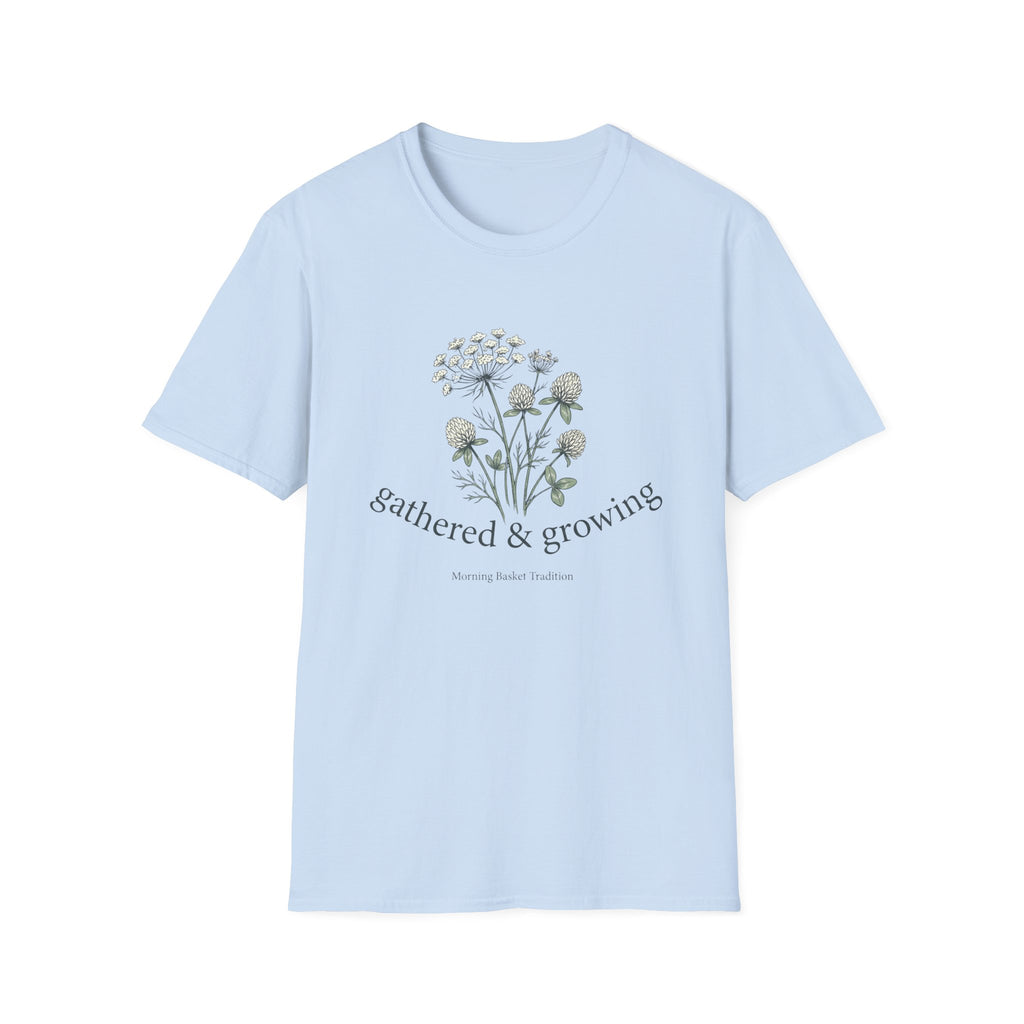 Gathered & Growing homeschool mom graphic t-shirt with a gathered-at-home inspired graphic with books, florals, and cozy family learning details