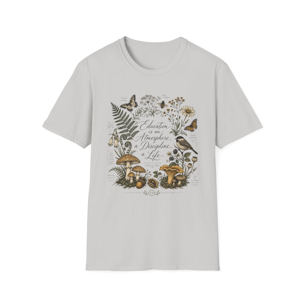 Education Is An Atmosphere homeschool mom graphic t-shirt with a Charlotte Mason-inspired design with books, nature details, and vintage homeschool charm