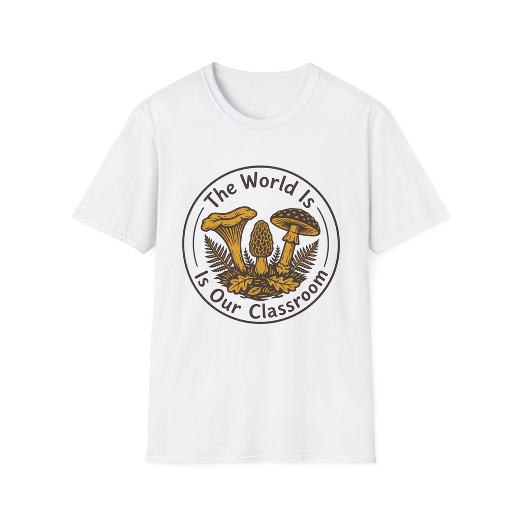 The World Is Our Classroom homeschool mom graphic t-shirt with an adventurous homeschool graphic with nature, books, and outdoor learning energy