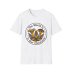 The World Is Our Classroom homeschool mom graphic t-shirt with an adventurous homeschool graphic with nature, books, and outdoor learning energy