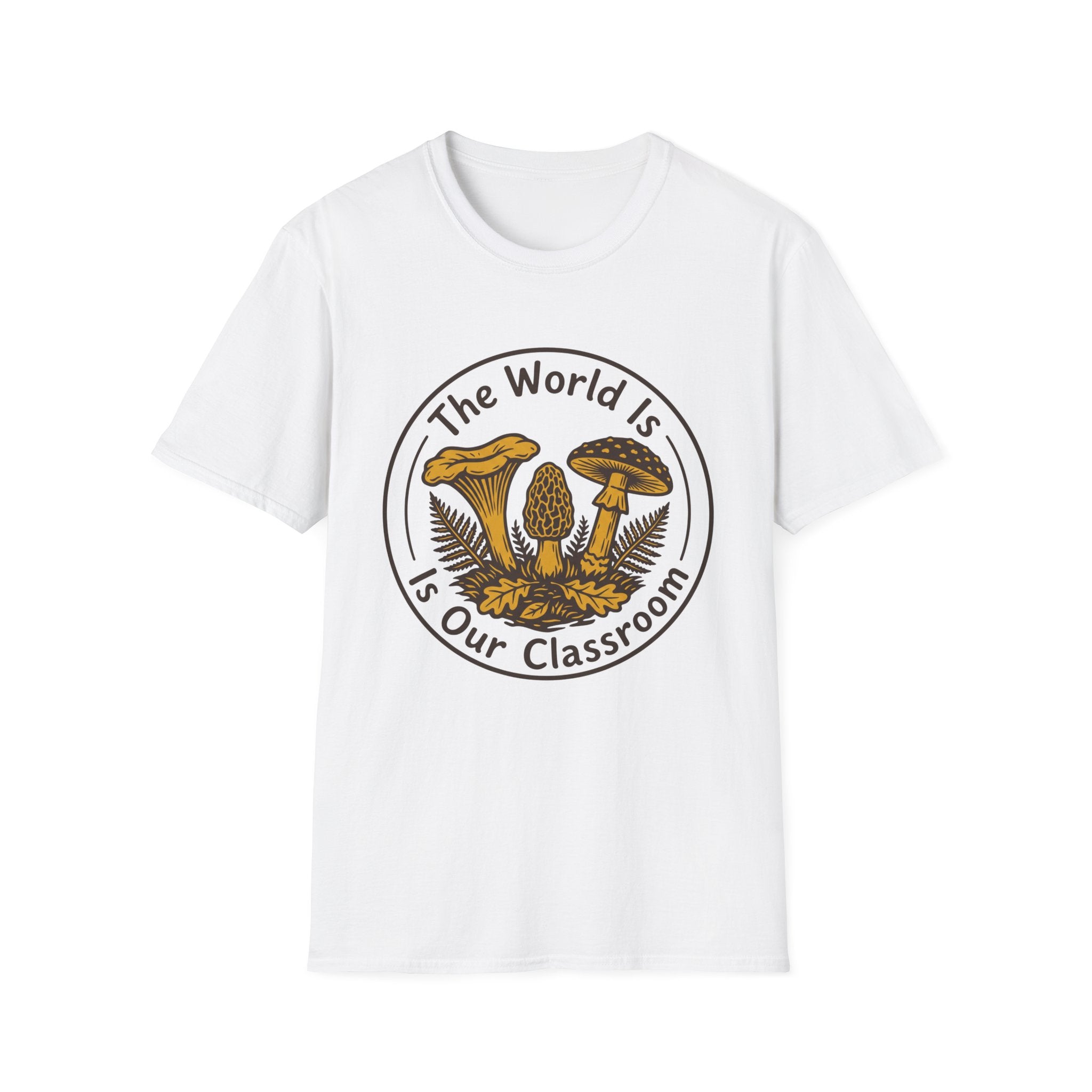 The World Is Our Classroom homeschool mom graphic t-shirt with an adventurous homeschool graphic with nature, books, and outdoor learning energy
