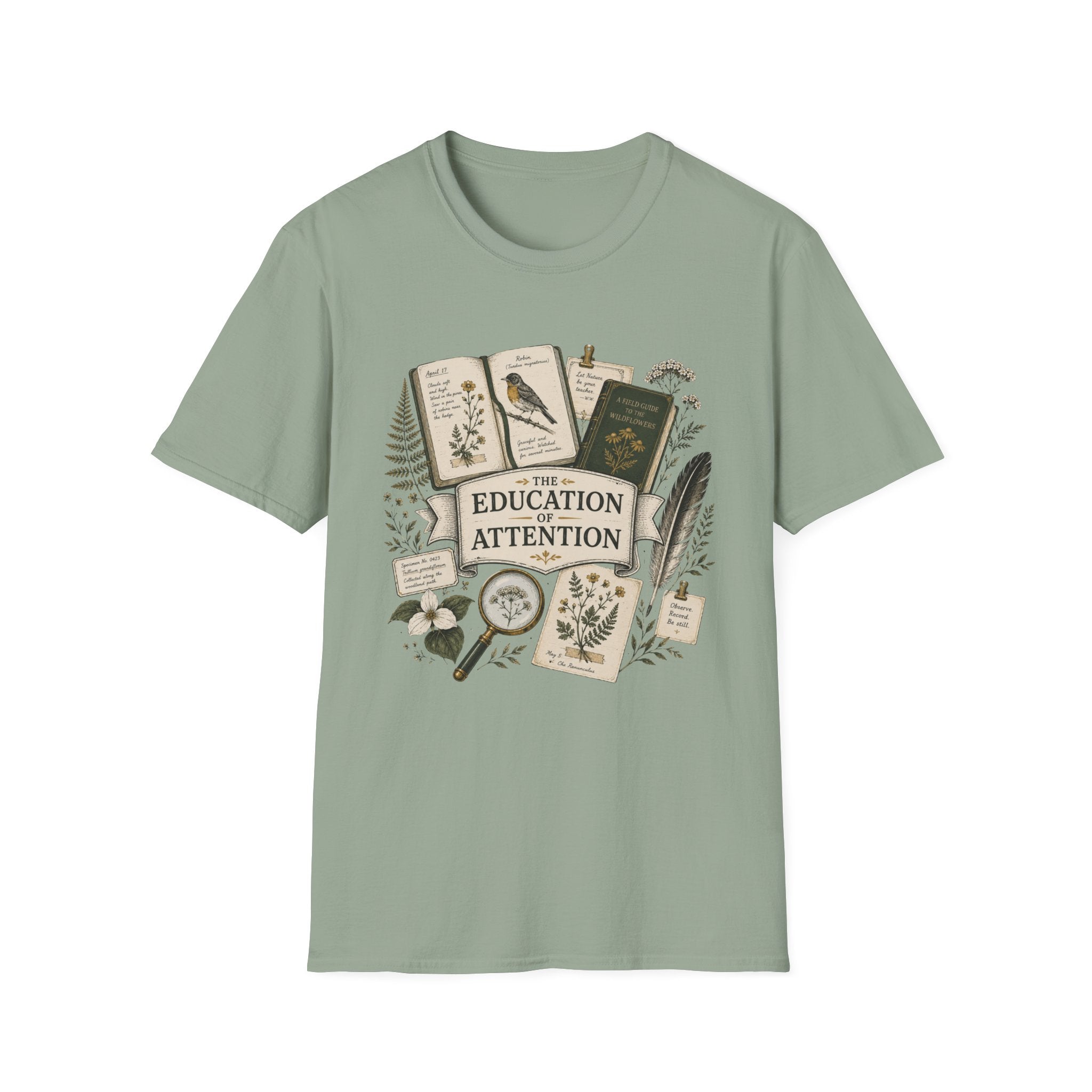 The Education Of Attention homeschool mom graphic t-shirt with a Charlotte Mason-inspired design with books, nature details, and vintage homeschool charm
