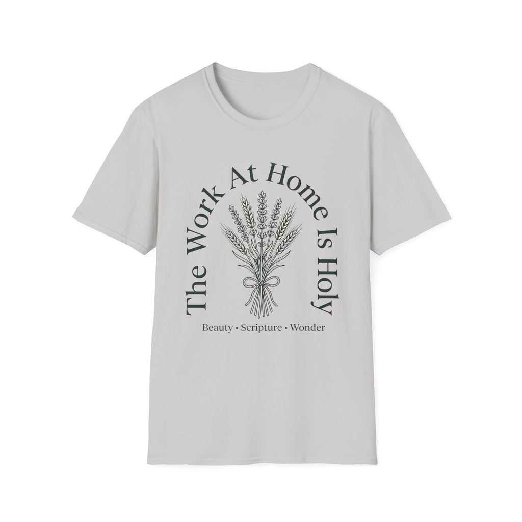 The Work At Home homeschool mom graphic t-shirt with a gathered-at-home inspired graphic with books, florals, and cozy family learning details