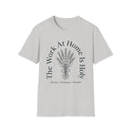 The Work At Home homeschool mom graphic t-shirt with a gathered-at-home inspired graphic with books, florals, and cozy family learning details
