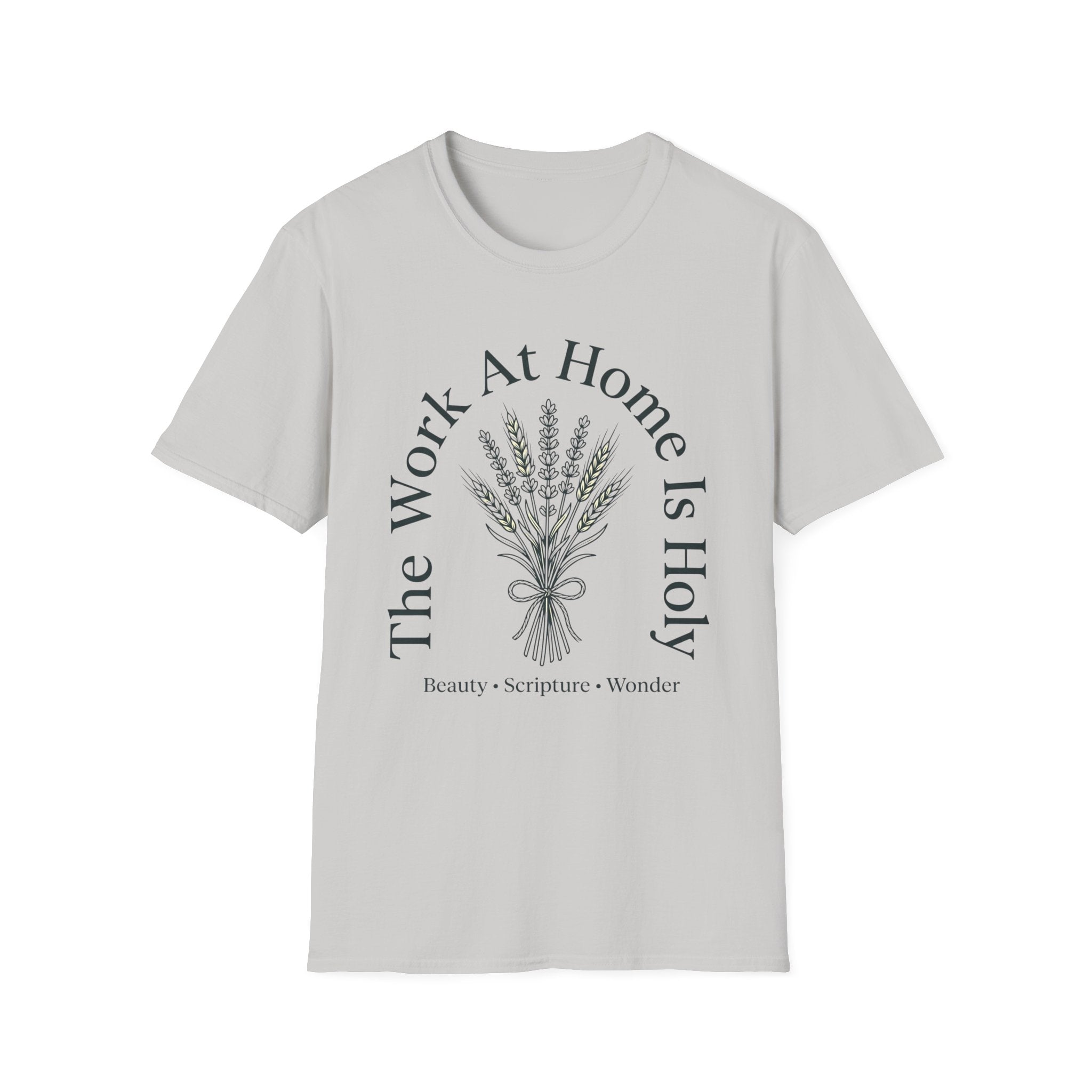 The Work At Home homeschool mom graphic t-shirt with a gathered-at-home inspired graphic with books, florals, and cozy family learning details