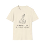 Morning Time & Living Books homeschool mom graphic t-shirt with a Charlotte Mason-inspired design with books, nature details, and vintage homeschool charm