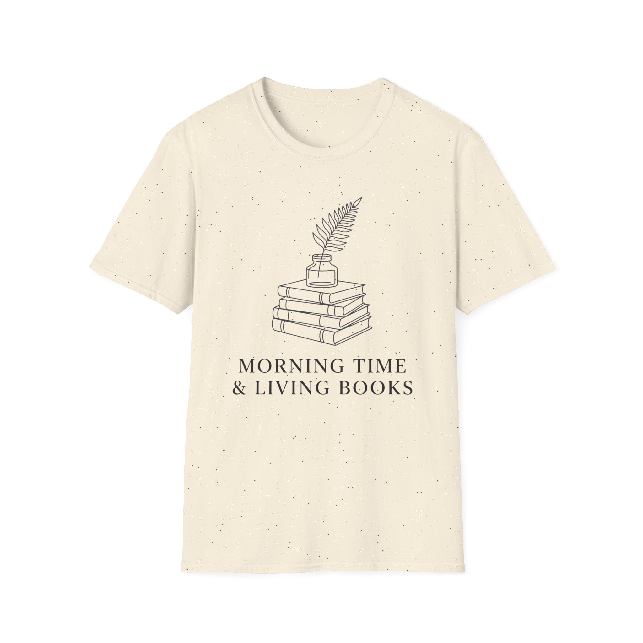 Morning Time & Living Books homeschool mom graphic t-shirt with a Charlotte Mason-inspired design with books, nature details, and vintage homeschool charm