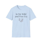 My Wild and Free Era homeschool mom graphic t-shirt with an adventurous homeschool graphic with nature, books, and outdoor learning energy