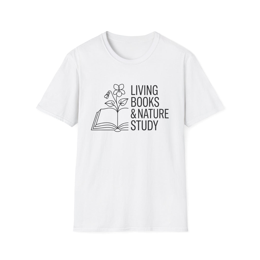 Living Books and Nature Study homeschool mom graphic t-shirt with a Charlotte Mason-inspired design with books, nature details, and vintage homeschool charm