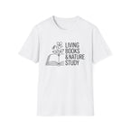 Living Books and Nature Study homeschool mom graphic t-shirt with a Charlotte Mason-inspired design with books, nature details, and vintage homeschool charm