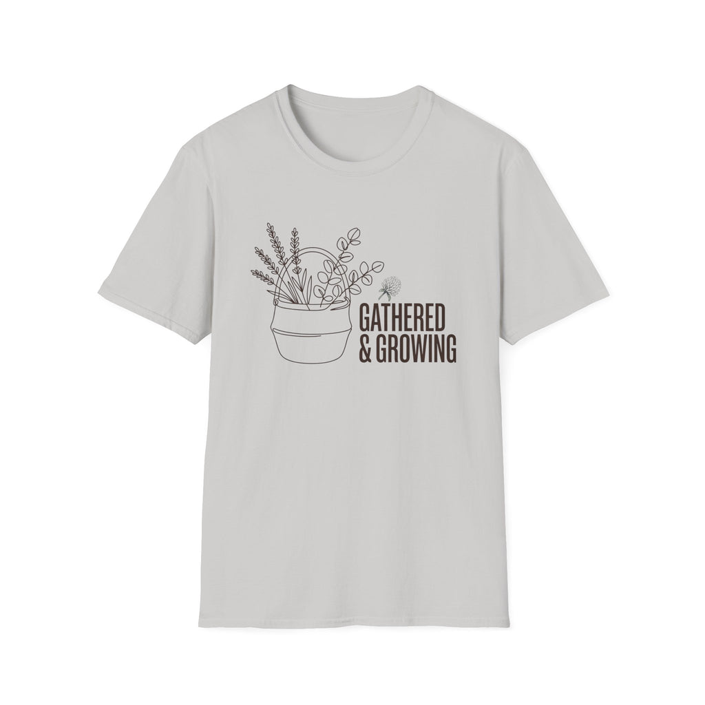Gathered And Growing homeschool mom graphic t-shirt with a gathered-at-home inspired graphic with books, florals, and cozy family learning details