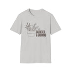 Gathered And Growing homeschool mom graphic t-shirt with a gathered-at-home inspired graphic with books, florals, and cozy family learning details