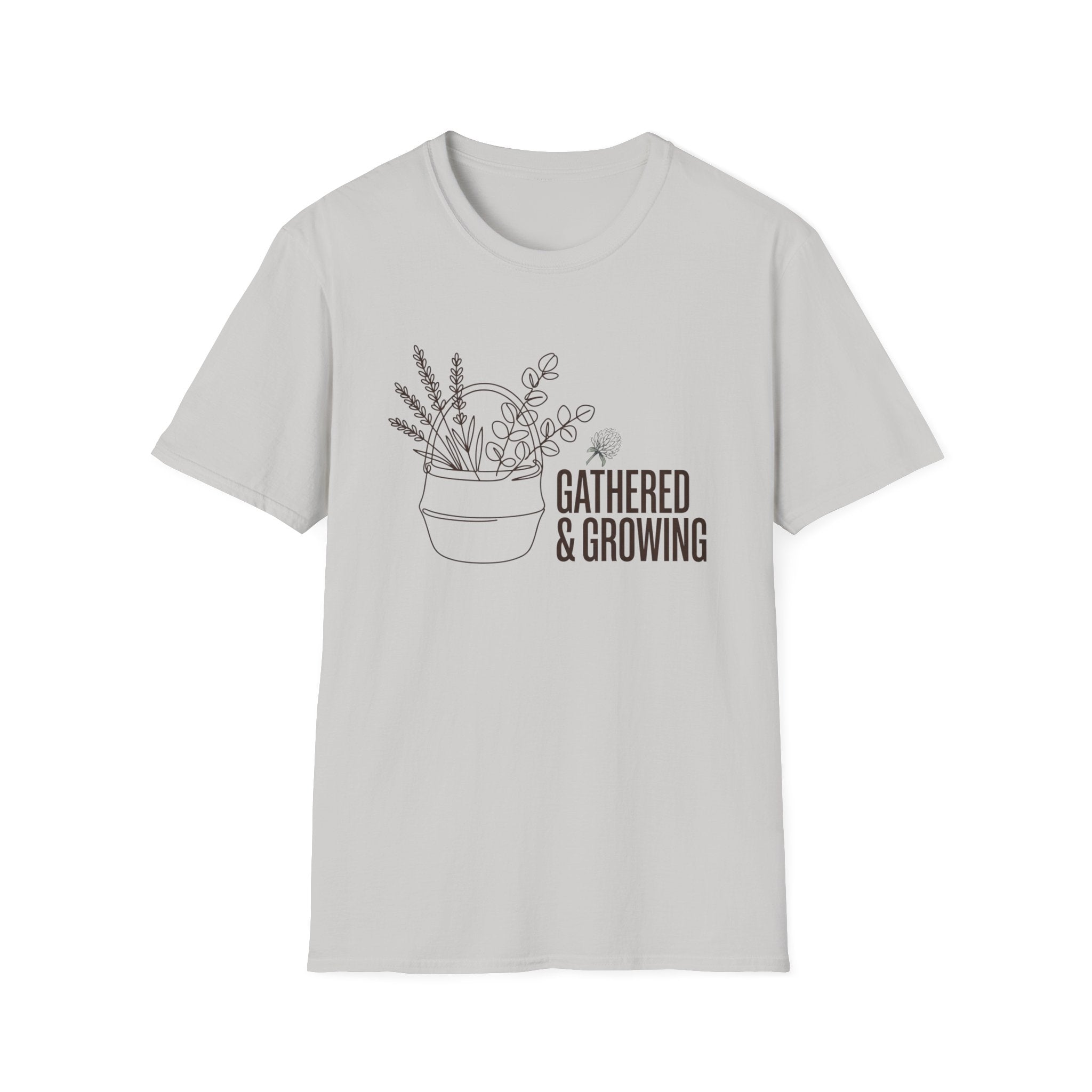 Gathered And Growing homeschool mom graphic t-shirt with a gathered-at-home inspired graphic with books, florals, and cozy family learning details