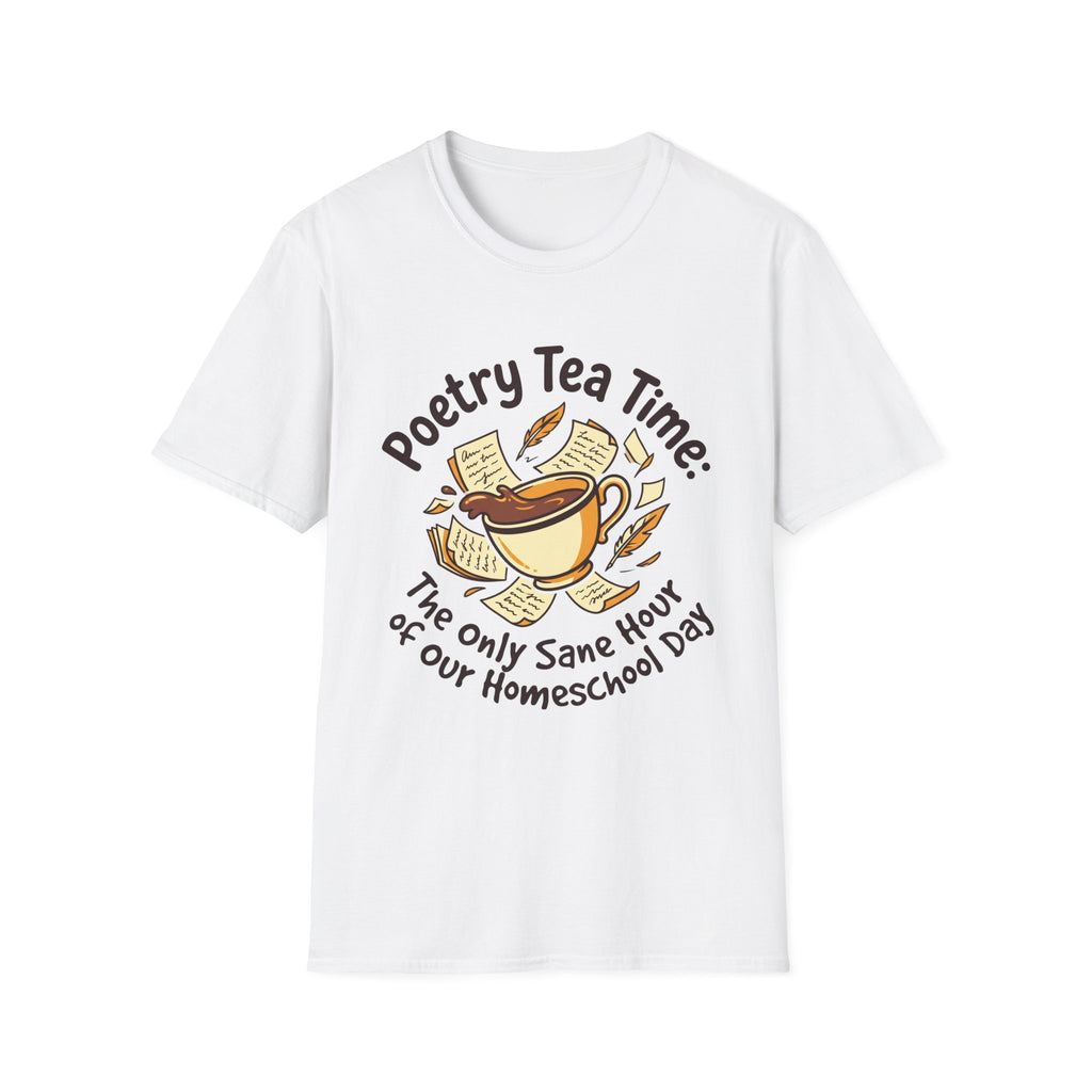 Poetry Tea Time homeschool mom graphic t-shirt with a cozy poetry teatime graphic with tea, books, and vintage homeschool charm