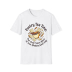 Poetry Tea Time homeschool mom graphic t-shirt with a cozy poetry teatime graphic with tea, books, and vintage homeschool charm