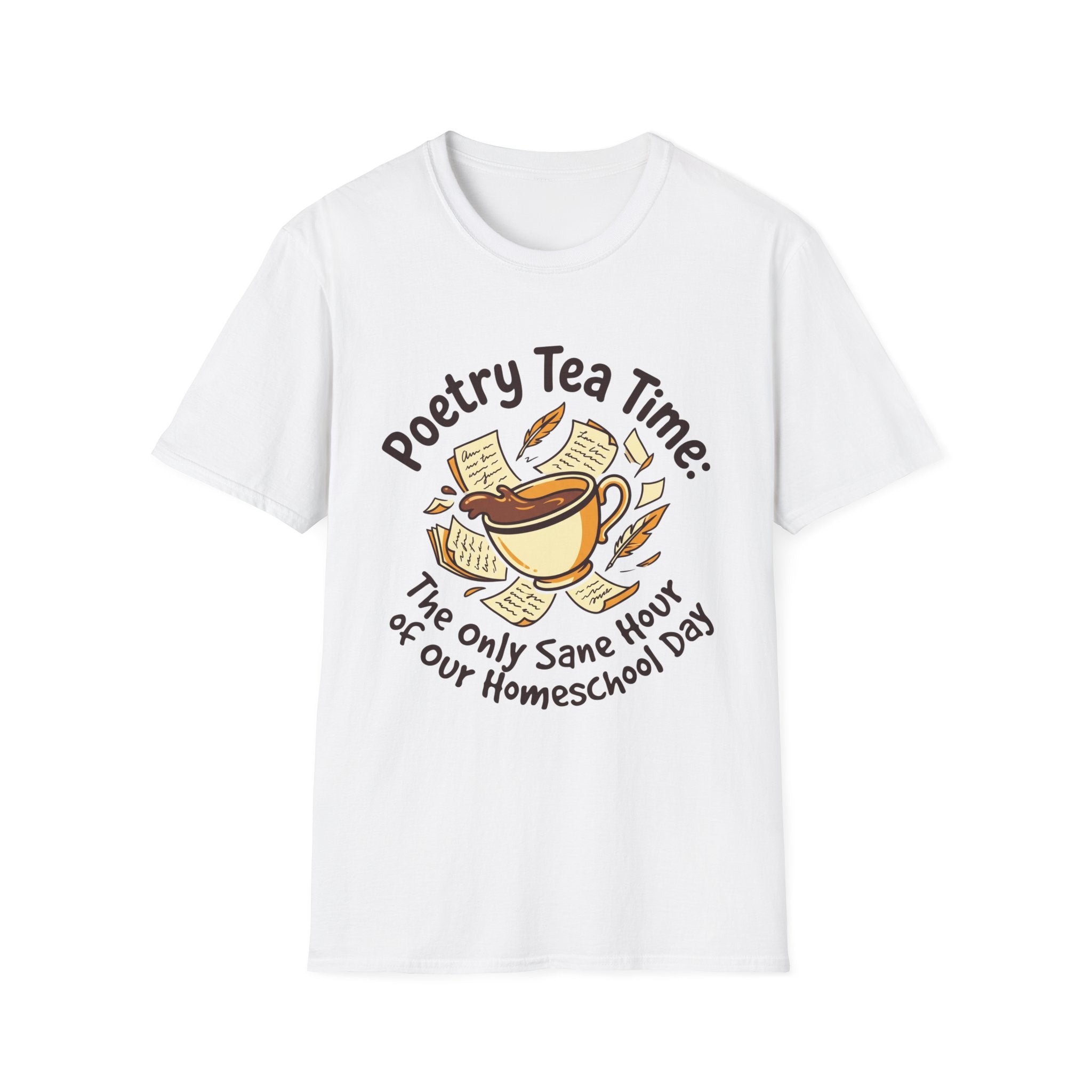Poetry Tea Time homeschool mom graphic t-shirt with a cozy poetry teatime graphic with tea, books, and vintage homeschool charm