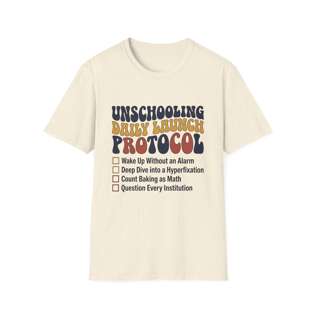 Unschooling Protocol homeschool mom graphic t-shirt with an adventurous homeschool graphic with nature, books, and outdoor learning energy