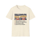 Unschooling Protocol homeschool mom graphic t-shirt with an adventurous homeschool graphic with nature, books, and outdoor learning energy