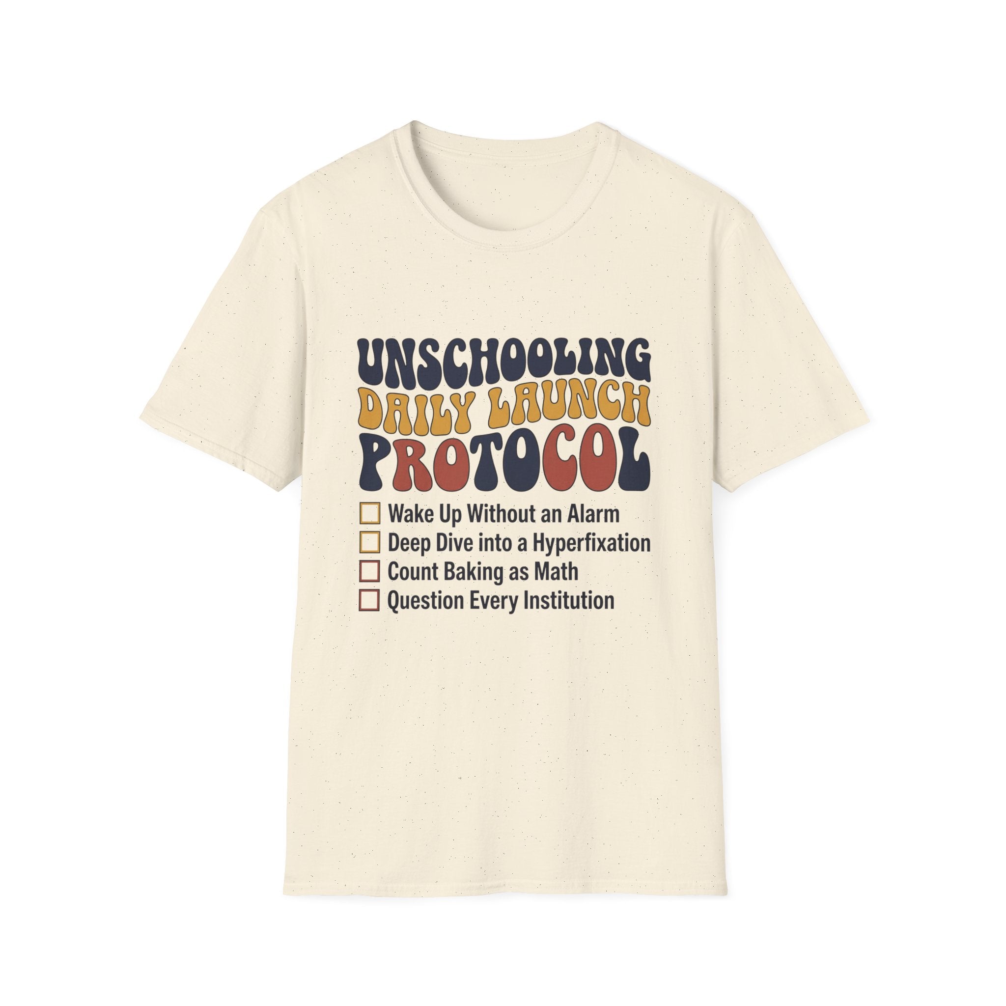 Unschooling Protocol homeschool mom graphic t-shirt with an adventurous homeschool graphic with nature, books, and outdoor learning energy