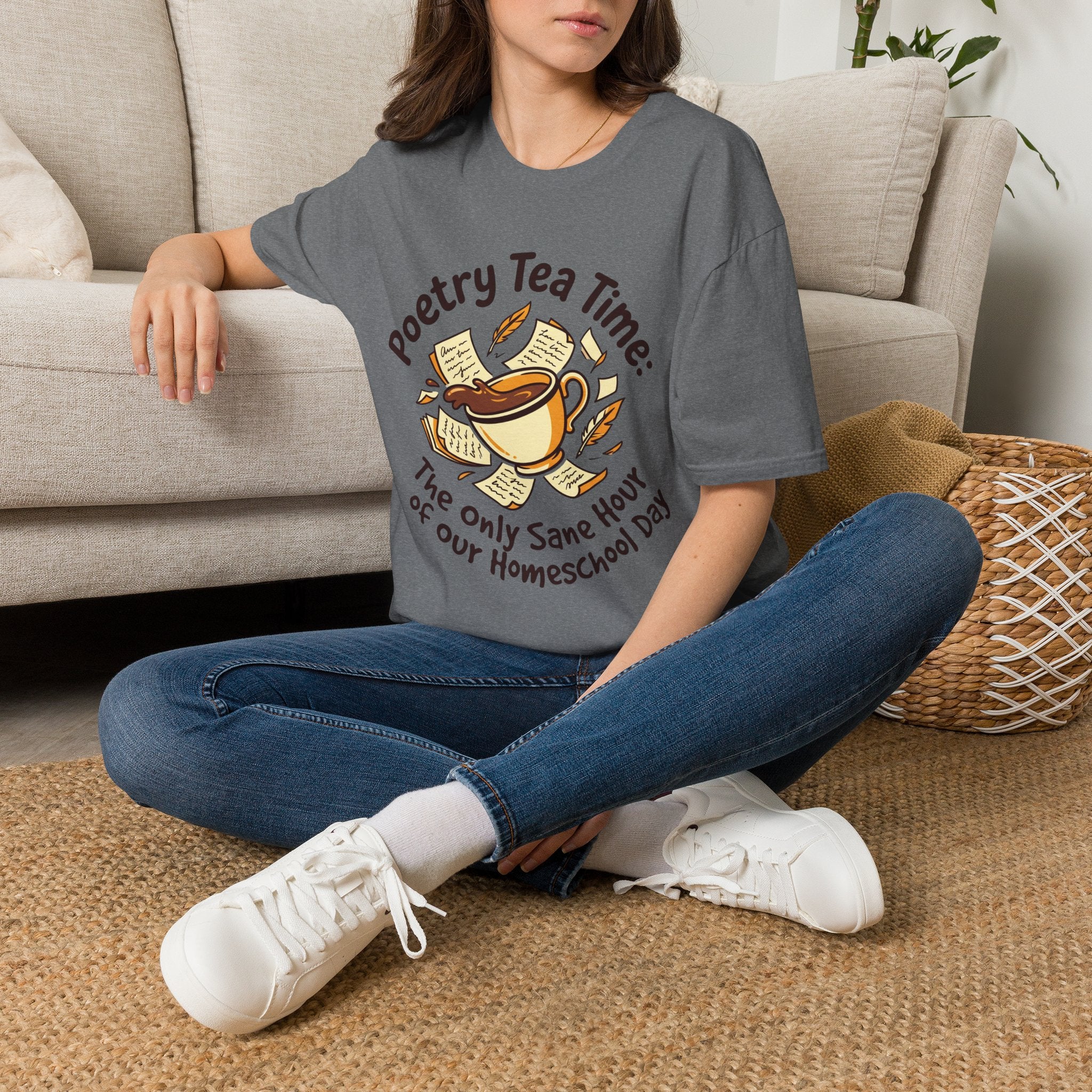 Poetry Tea Time homeschool mom graphic t-shirt with a cozy poetry teatime graphic with tea, books, and vintage homeschool charm