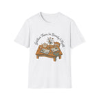 Gather Them In Beauty homeschool mom graphic t-shirt with a gathered-at-home inspired graphic with books, florals, and cozy family learning details