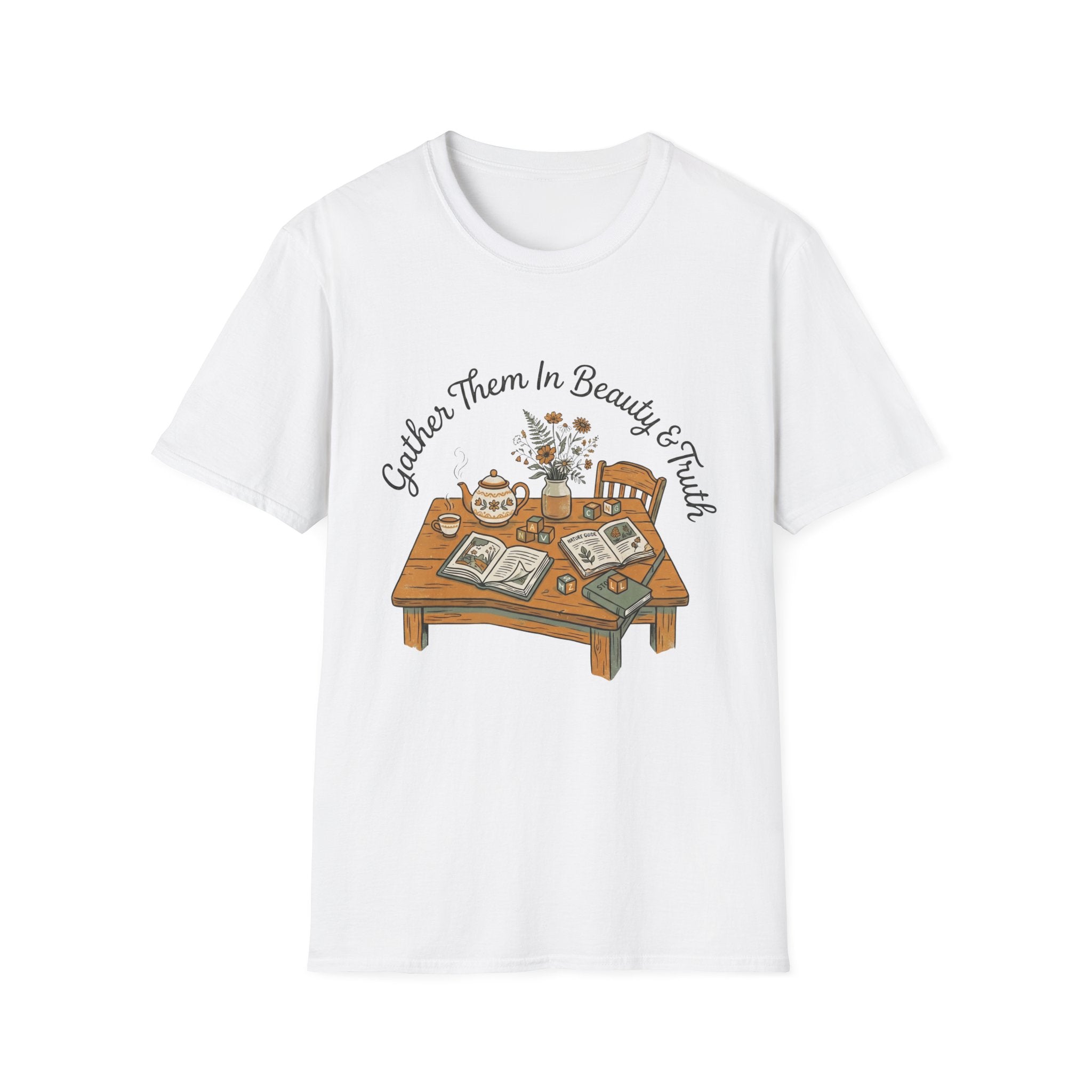 Gather Them In Beauty homeschool mom graphic t-shirt with a gathered-at-home inspired graphic with books, florals, and cozy family learning details