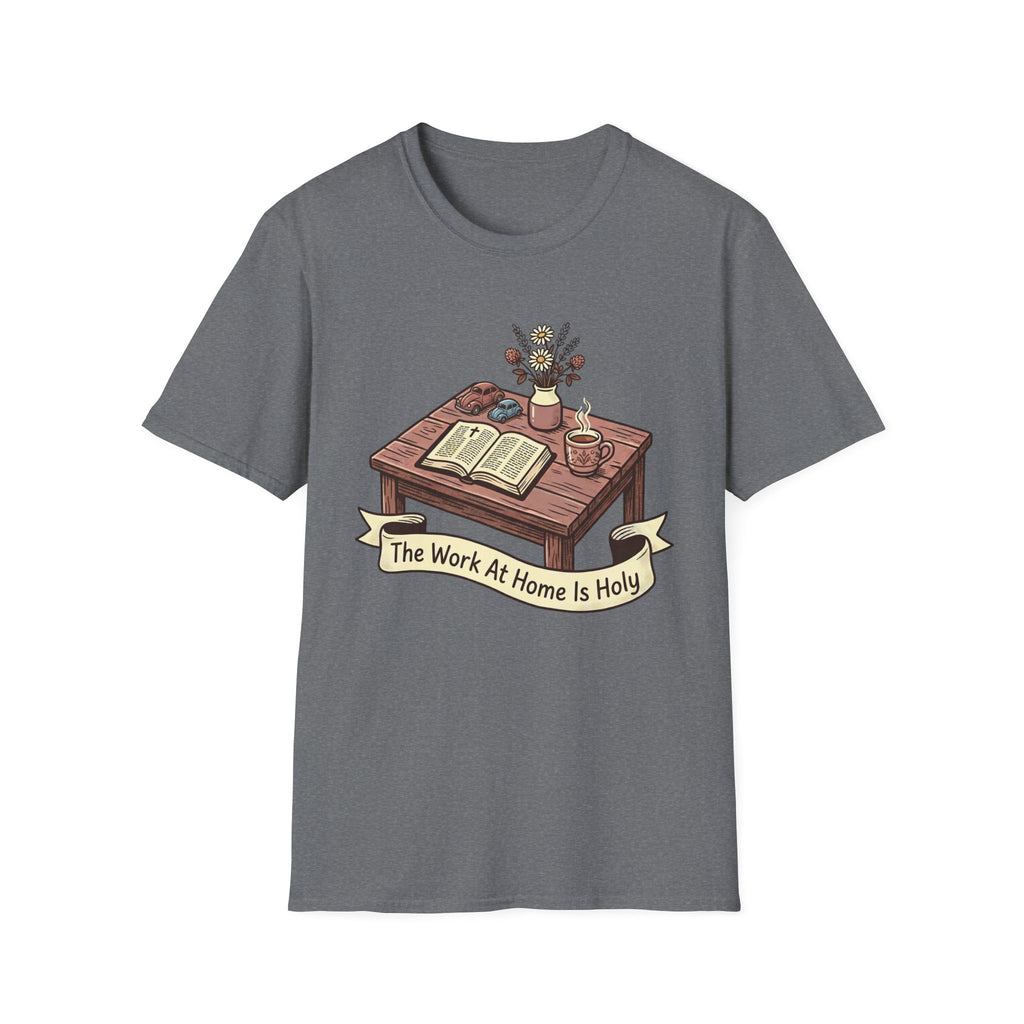The Work At Home Is Holy homeschool mom graphic t-shirt with a gathered-at-home inspired graphic with books, florals, and cozy family learning details