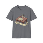 The Work At Home Is Holy homeschool mom graphic t-shirt with a gathered-at-home inspired graphic with books, florals, and cozy family learning details