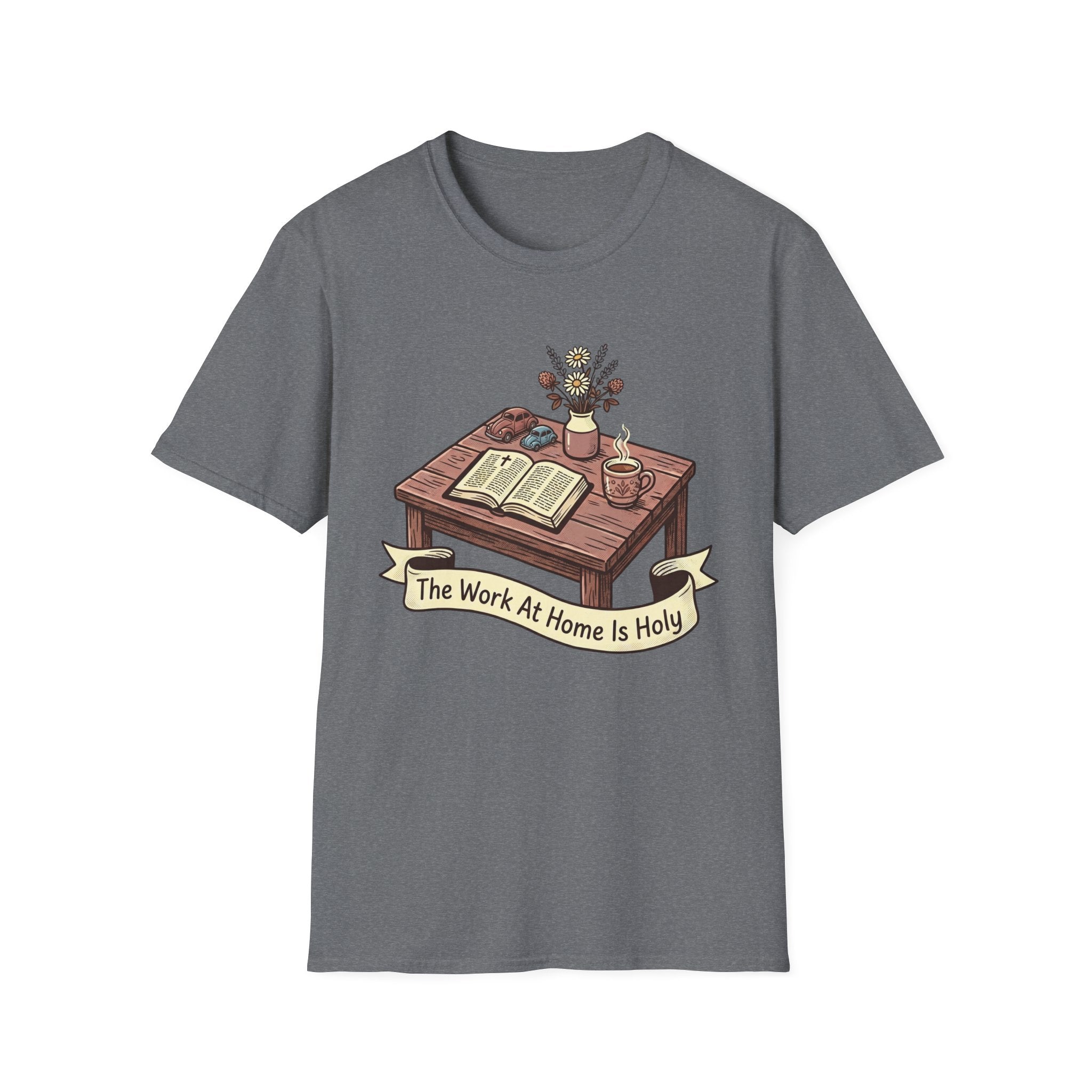 The Work At Home Is Holy homeschool mom graphic t-shirt with a gathered-at-home inspired graphic with books, florals, and cozy family learning details