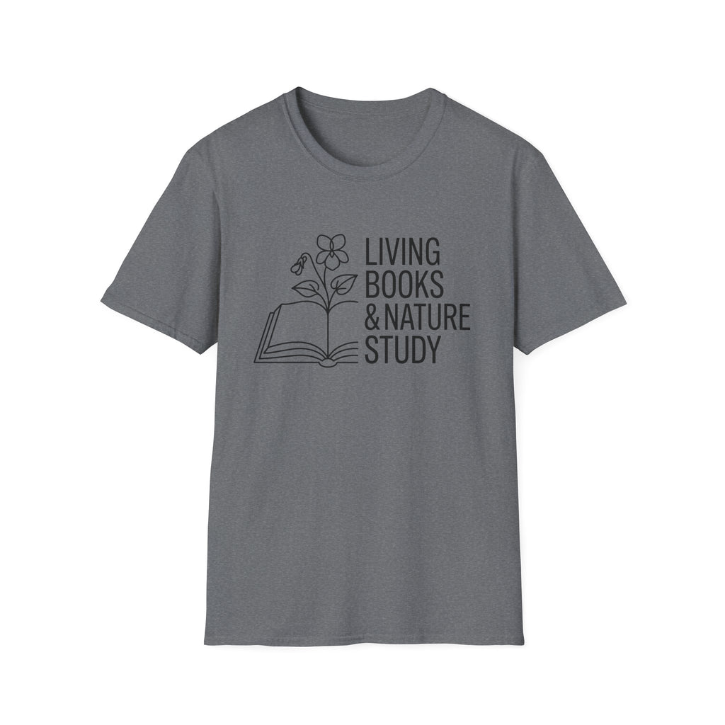 Living Books and Nature Study homeschool mom graphic t-shirt with a Charlotte Mason-inspired design with books, nature details, and vintage homeschool charm
