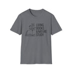 Living Books and Nature Study homeschool mom graphic t-shirt with a Charlotte Mason-inspired design with books, nature details, and vintage homeschool charm