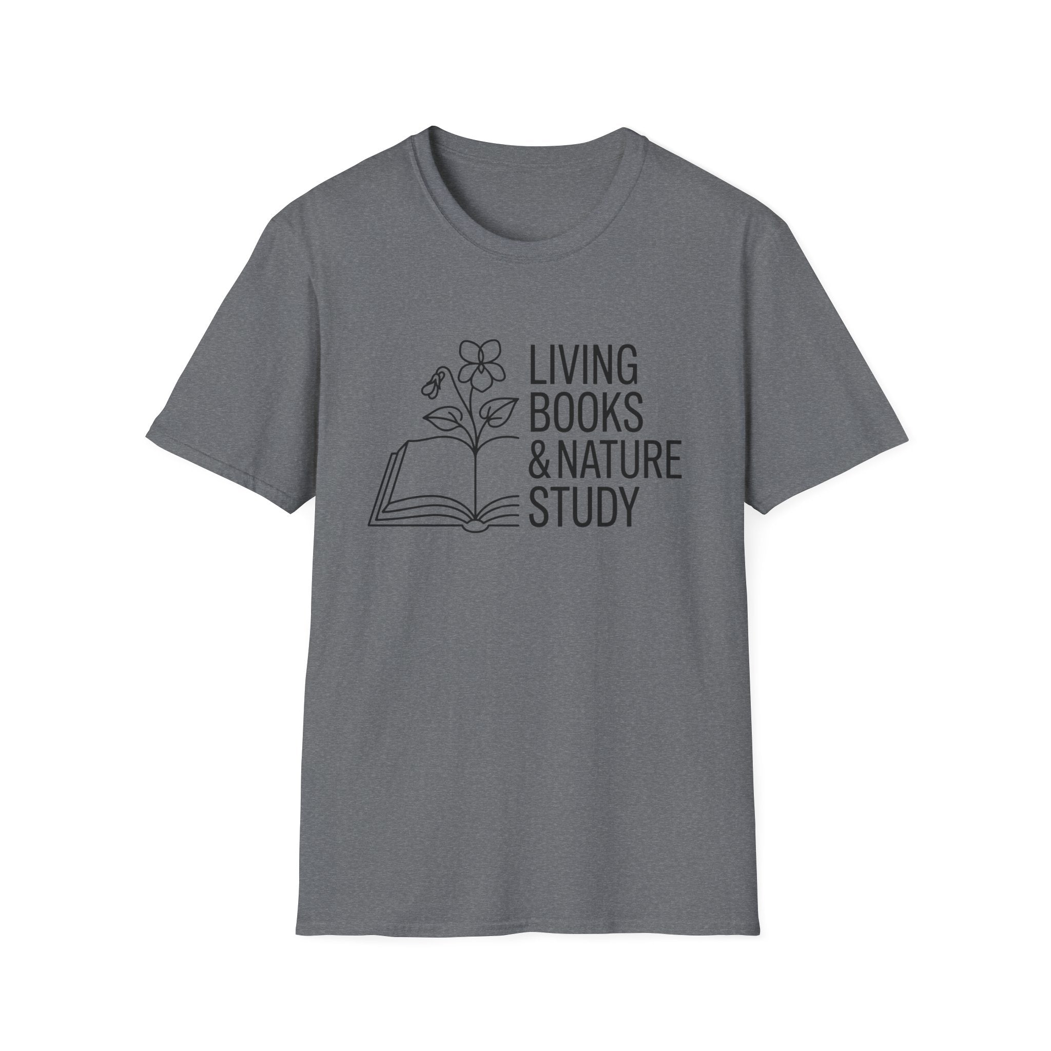 Living Books and Nature Study homeschool mom graphic t-shirt with a Charlotte Mason-inspired design with books, nature details, and vintage homeschool charm