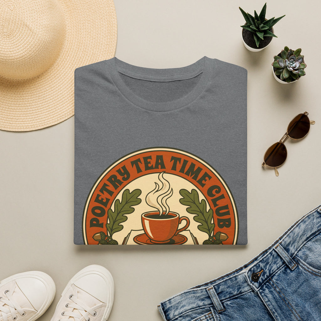 Poetry Tea Time Club homeschool mom graphic t-shirt with a cozy poetry teatime graphic with tea, books, and vintage homeschool charm