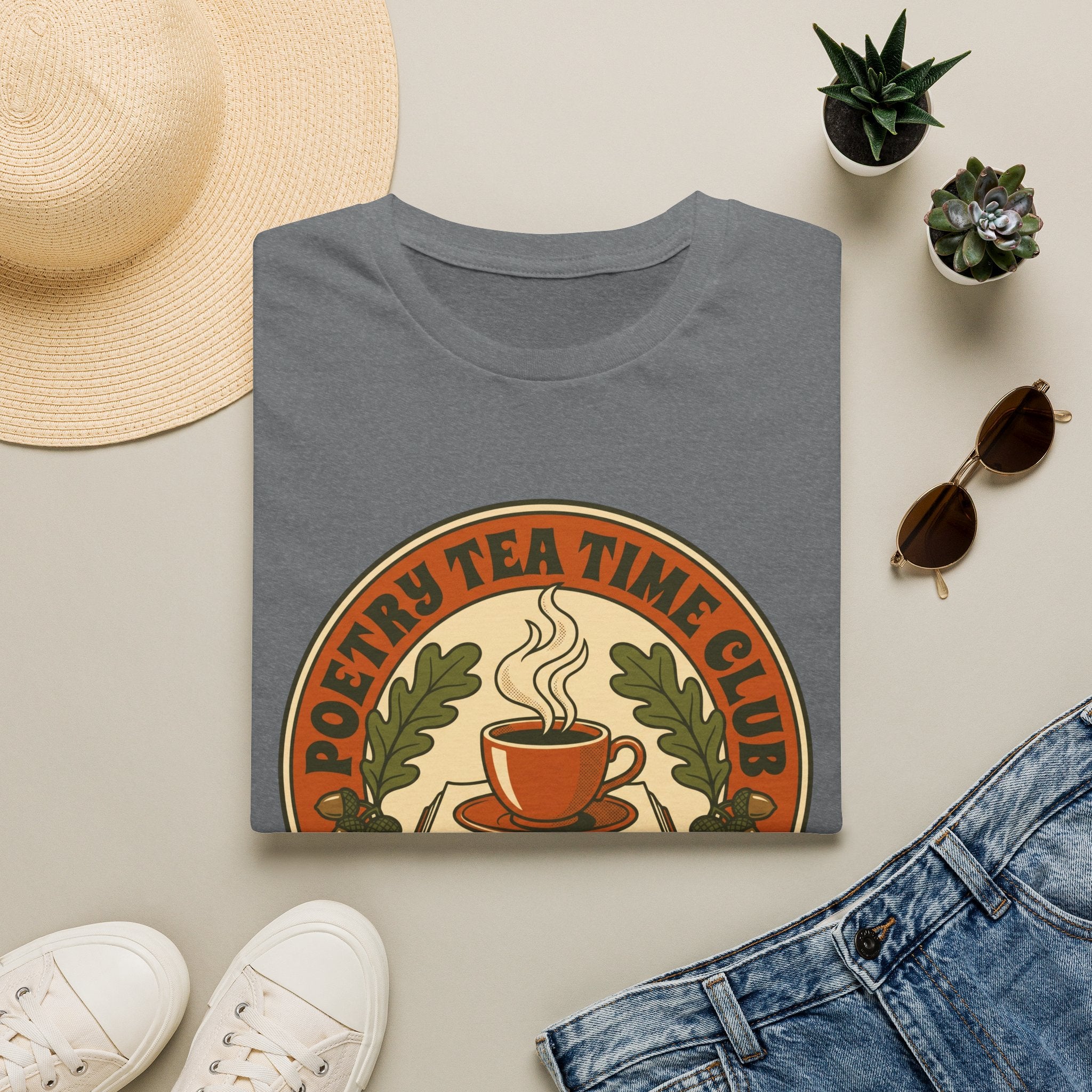 Poetry Tea Time Club homeschool mom graphic t-shirt with a cozy poetry teatime graphic with tea, books, and vintage homeschool charm