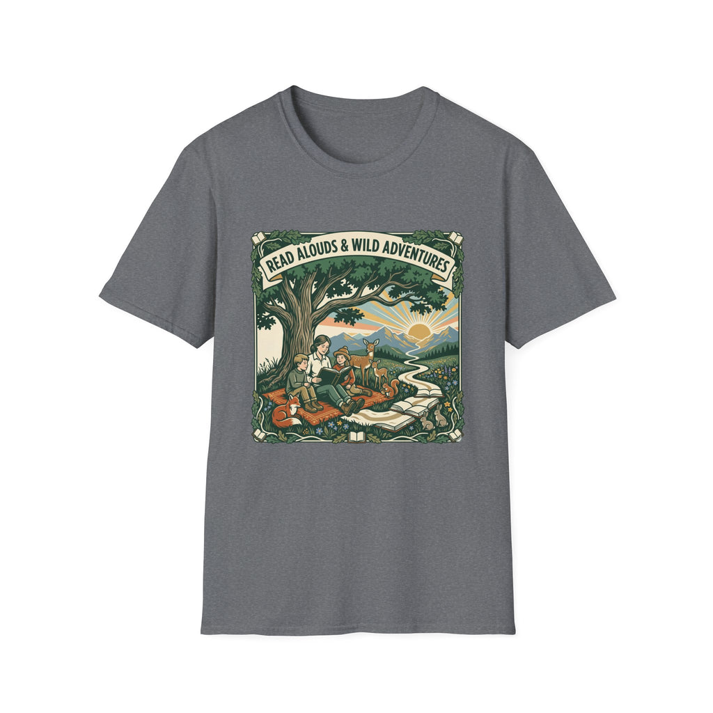 'Read Aloud & Wild Adventures homeschool mom graphic t-shirt with an adventurous homeschool graphic with nature, books, and outdoor learning energy