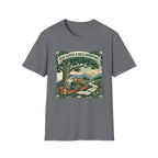 'Read Aloud & Wild Adventures homeschool mom graphic t-shirt with an adventurous homeschool graphic with nature, books, and outdoor learning energy