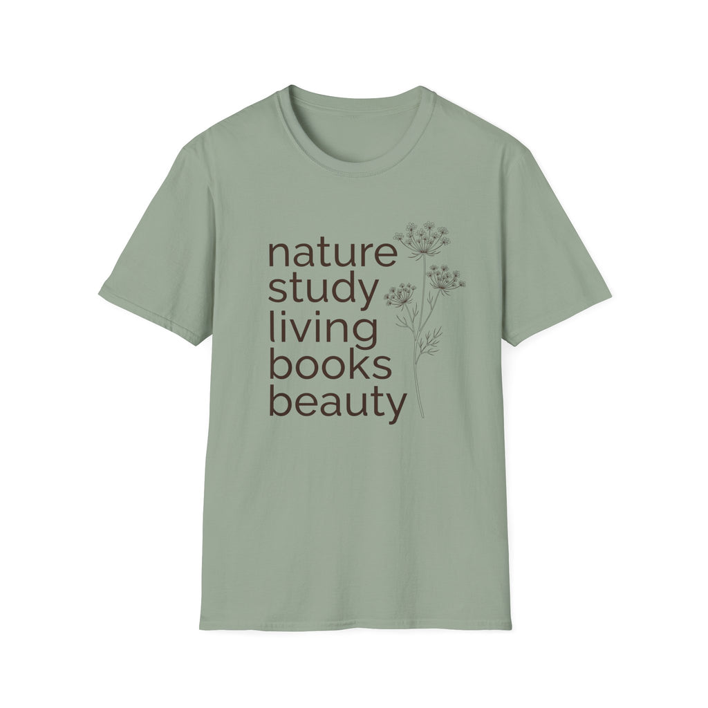 Nature Study, Living Books, Beauty homeschool mom graphic t-shirt with a faith-filled homeschool design with gentle lettering and classic illustrative details