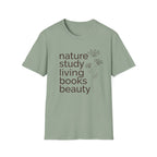 Nature Study, Living Books, Beauty homeschool mom graphic t-shirt with a faith-filled homeschool design with gentle lettering and classic illustrative details
