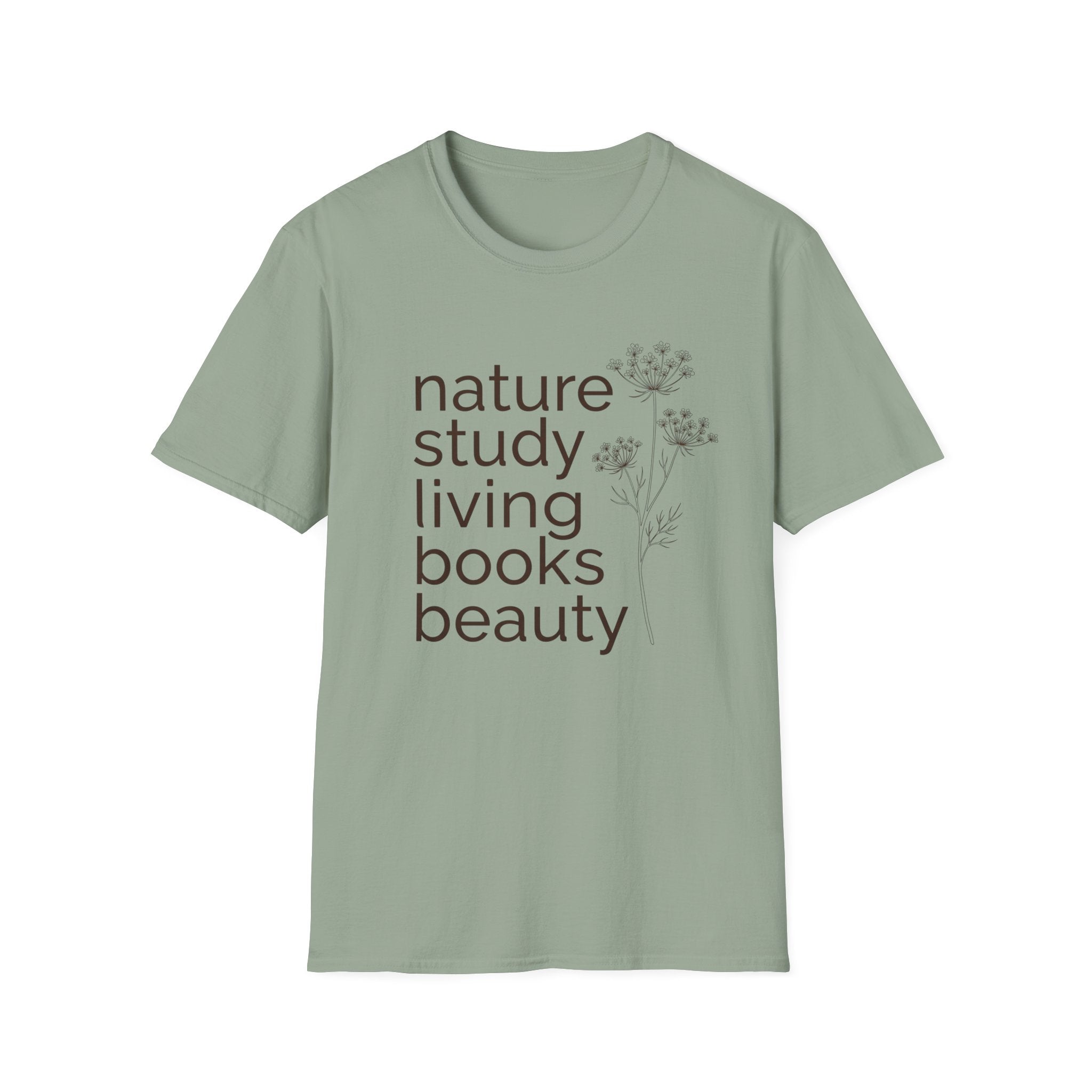 Nature Study, Living Books, Beauty homeschool mom graphic t-shirt with a faith-filled homeschool design with gentle lettering and classic illustrative details