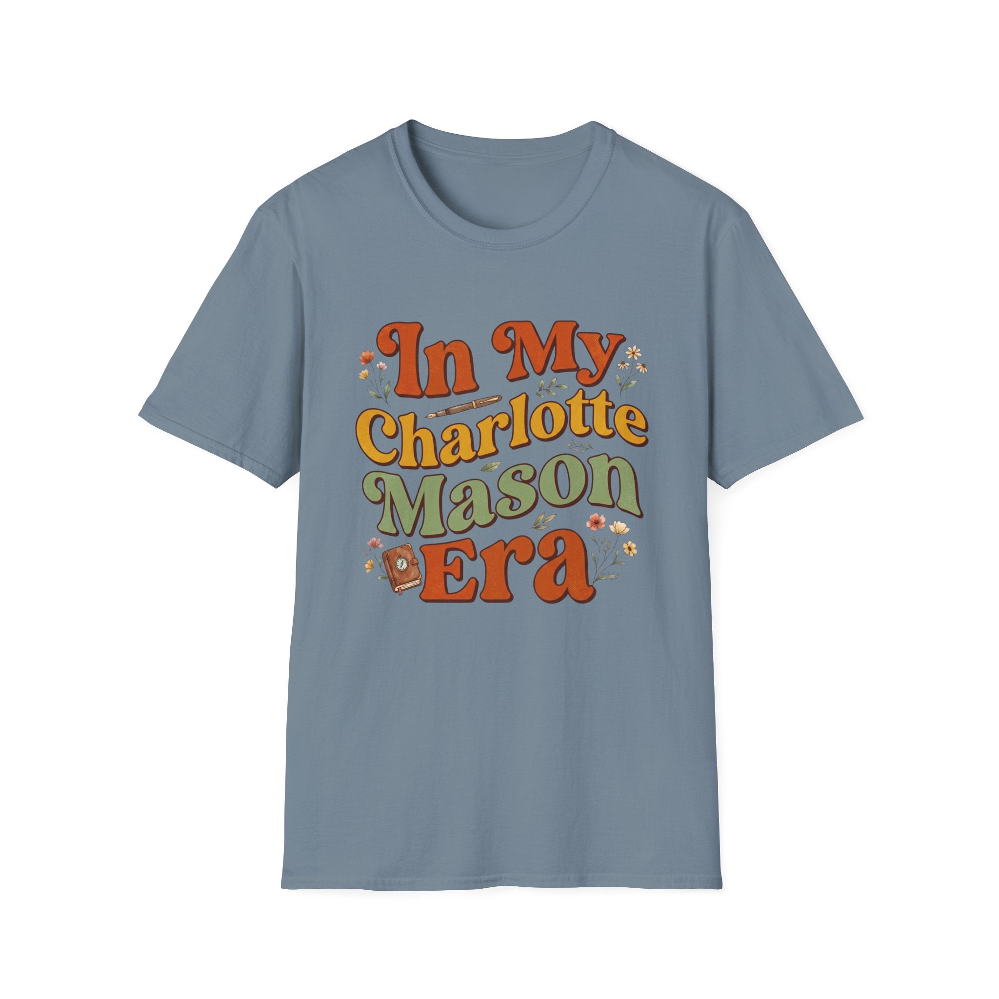 In My Charlotte Mason Era homeschool mom graphic t-shirt with a Charlotte Mason-inspired design with books, nature details, and vintage homeschool charm