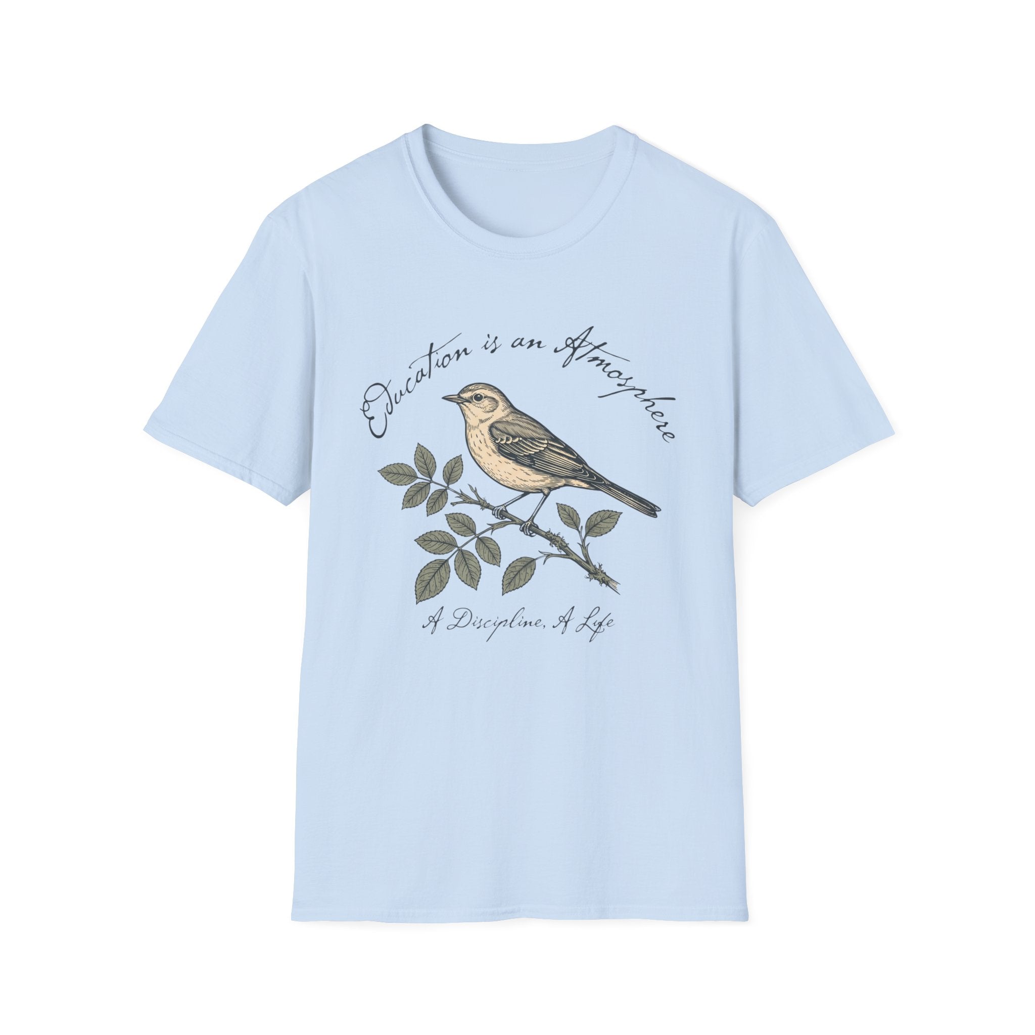 Education Is An Atmosphere T Shirt homeschool mom graphic t-shirt with a Charlotte Mason-inspired design with books, nature details, and vintage homeschool charm