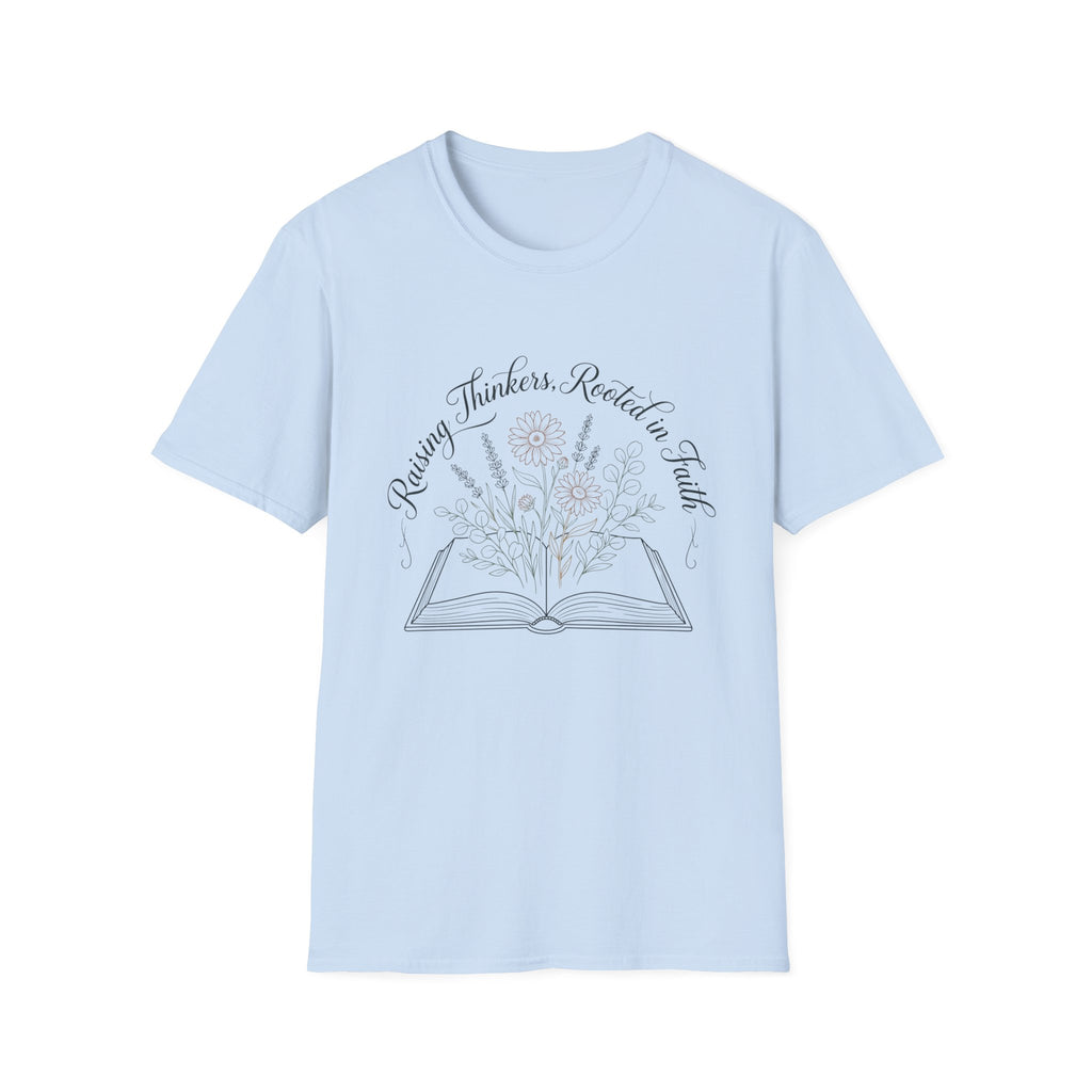 Raising Thinkers, Rooted in Faith Floral Book homeschool mom graphic t-shirt with a faith-filled homeschool design with gentle lettering and classic illustrative details